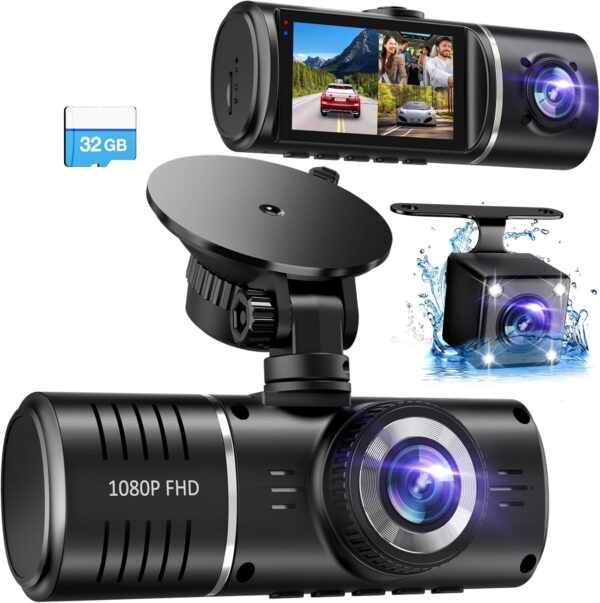 3 Channel Dash Cam: 1080P Front, Inside, Rear Camera